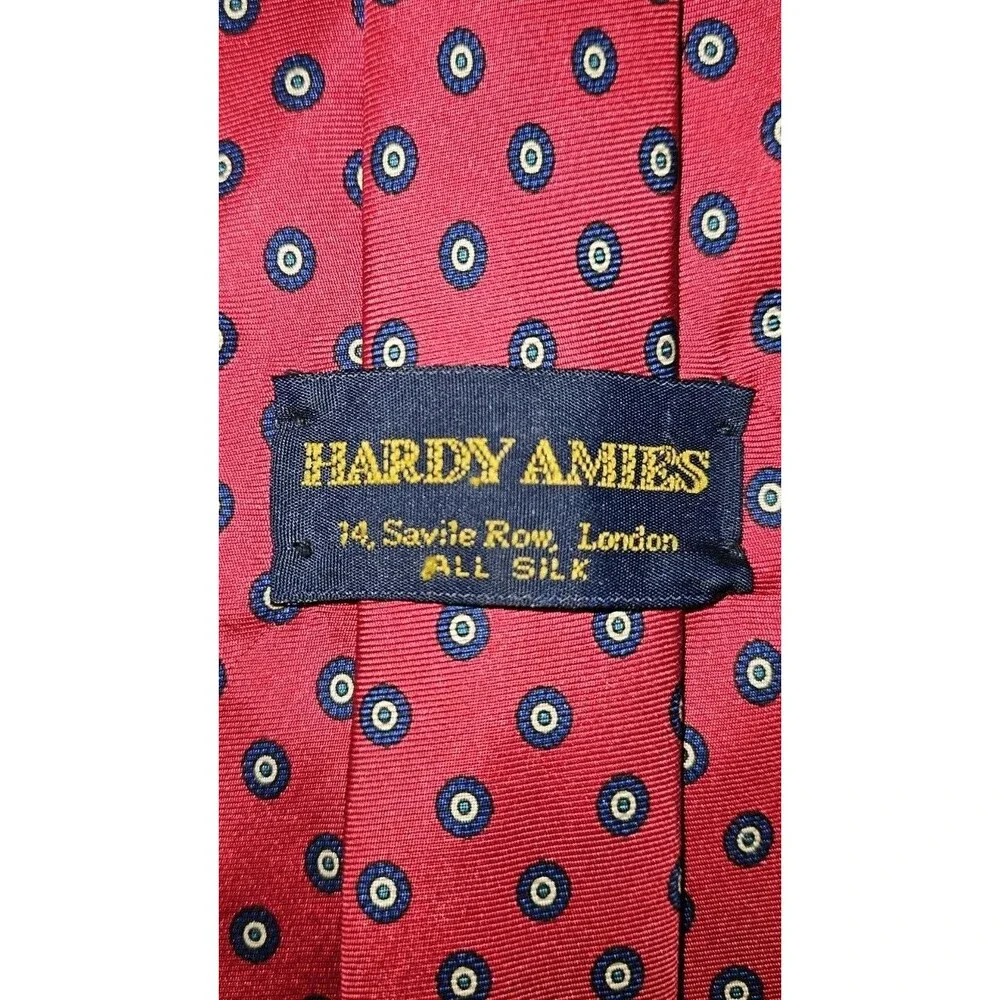 Hardy Amies 14 Savile Row London Mens Silk Tie Red Blue Medallion Vintage Tie